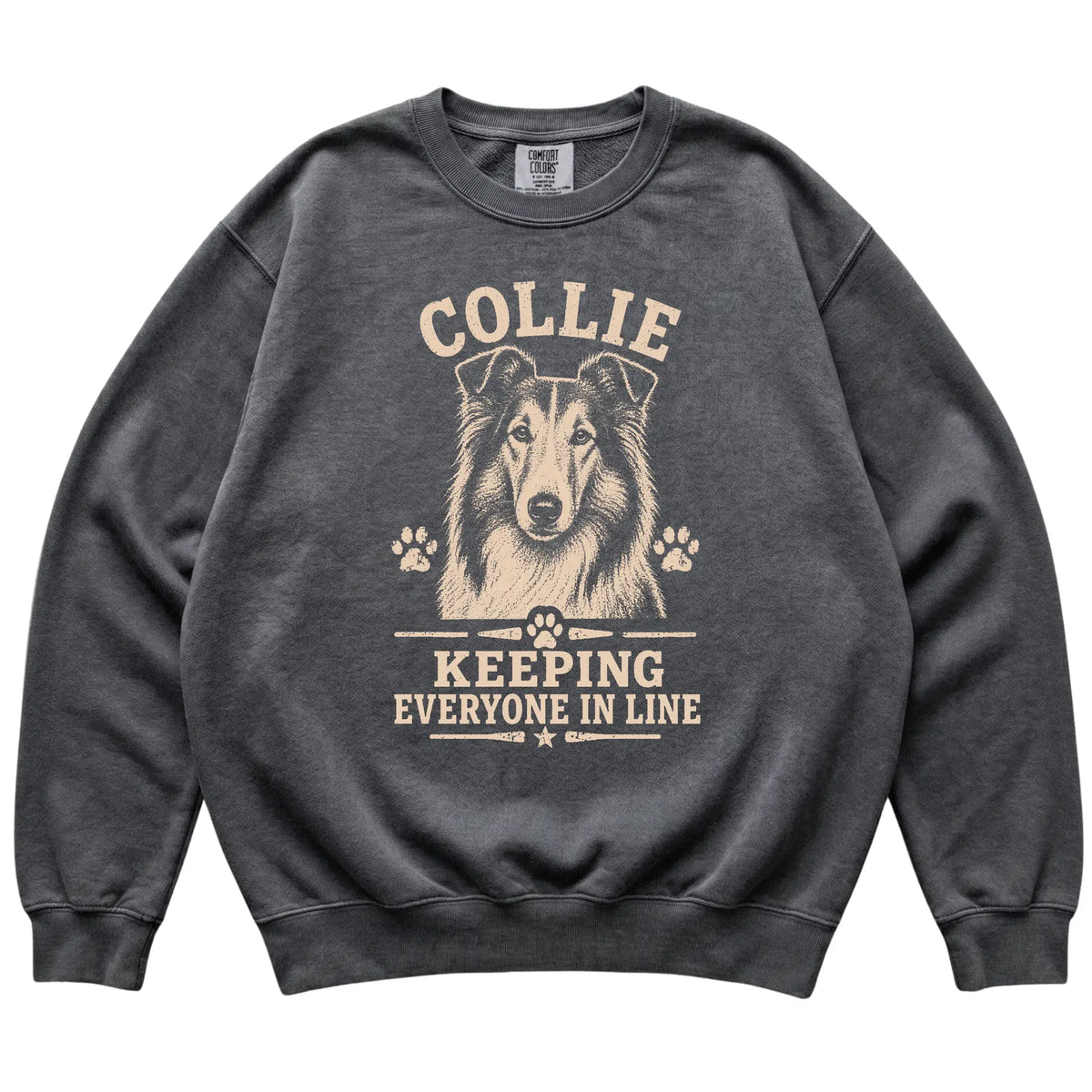 Pepper Comfort Colors® sweatshirt featuring Keeping Everyone In Line - Collie, laid-flat presentation