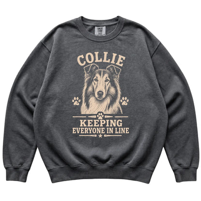 Pepper Comfort Colors® sweatshirt featuring Keeping Everyone In Line - Collie, laid-flat presentation