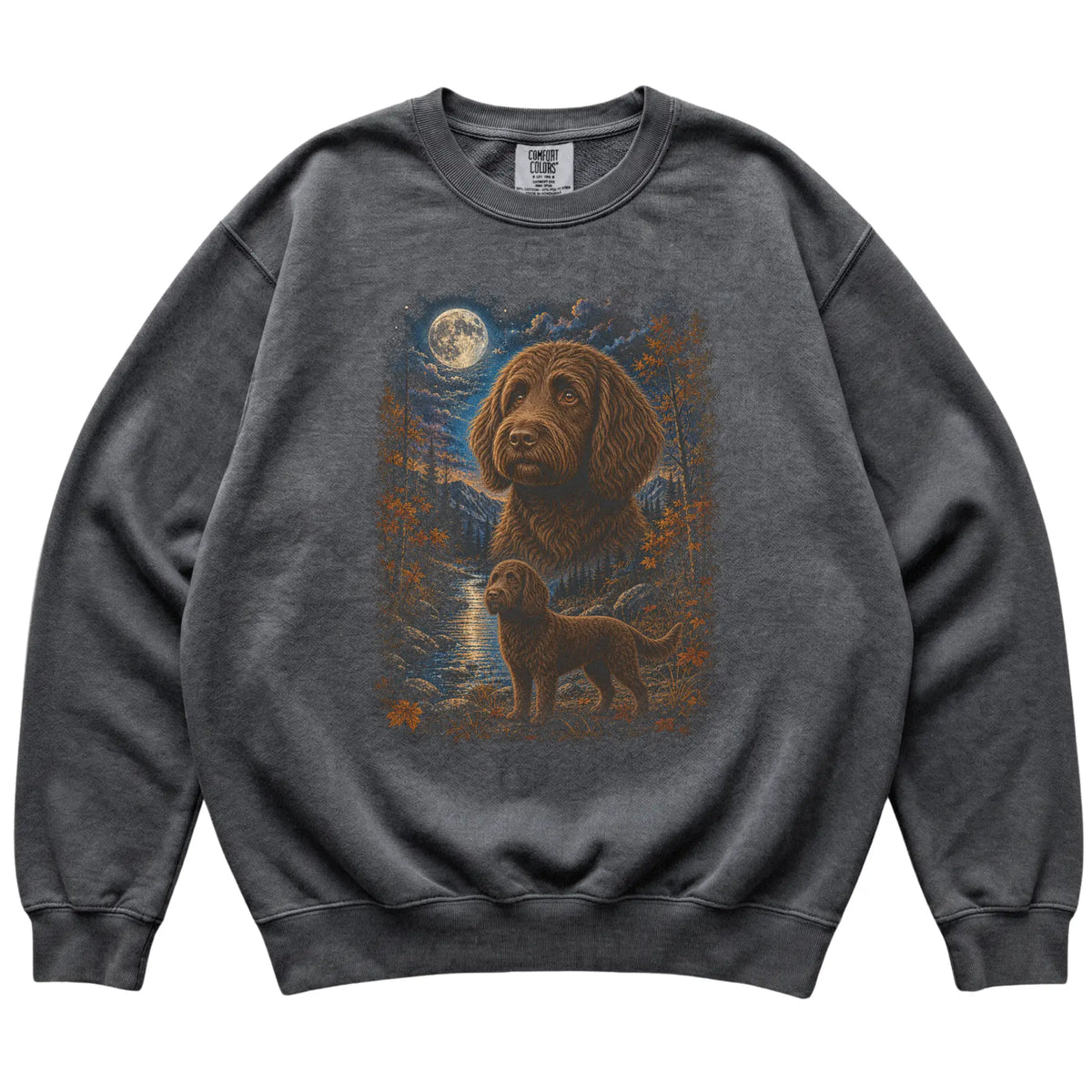 pepper sweatshirt with Labradoodle Autumn Moon artwork.