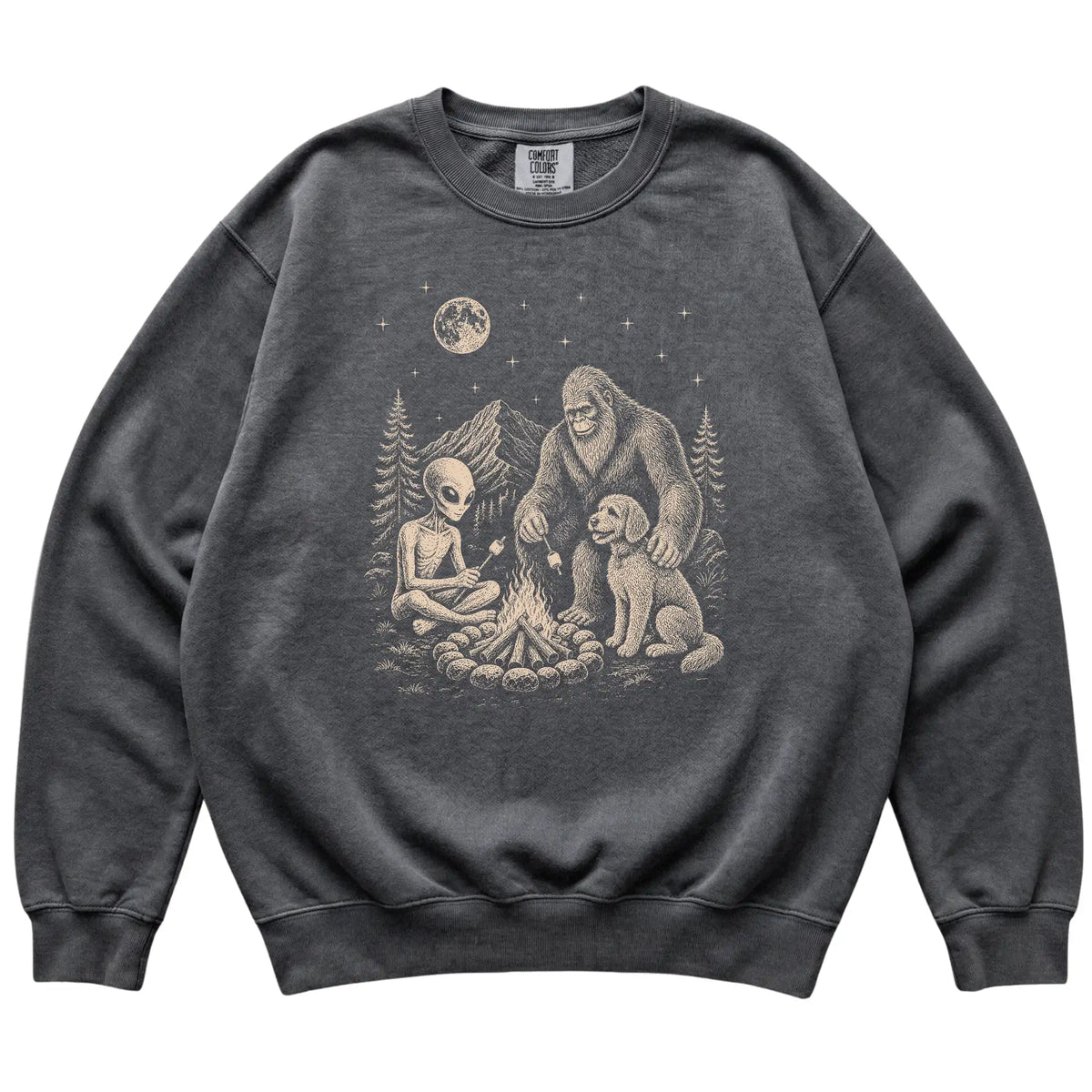 Pepper Labradoodle Camping with Bigfoot and Alien shirt laid flat