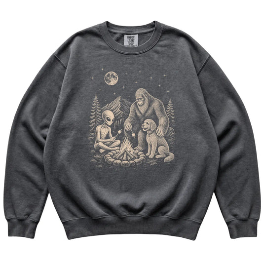Pepper Labradoodle Camping with Bigfoot and Alien shirt laid flat