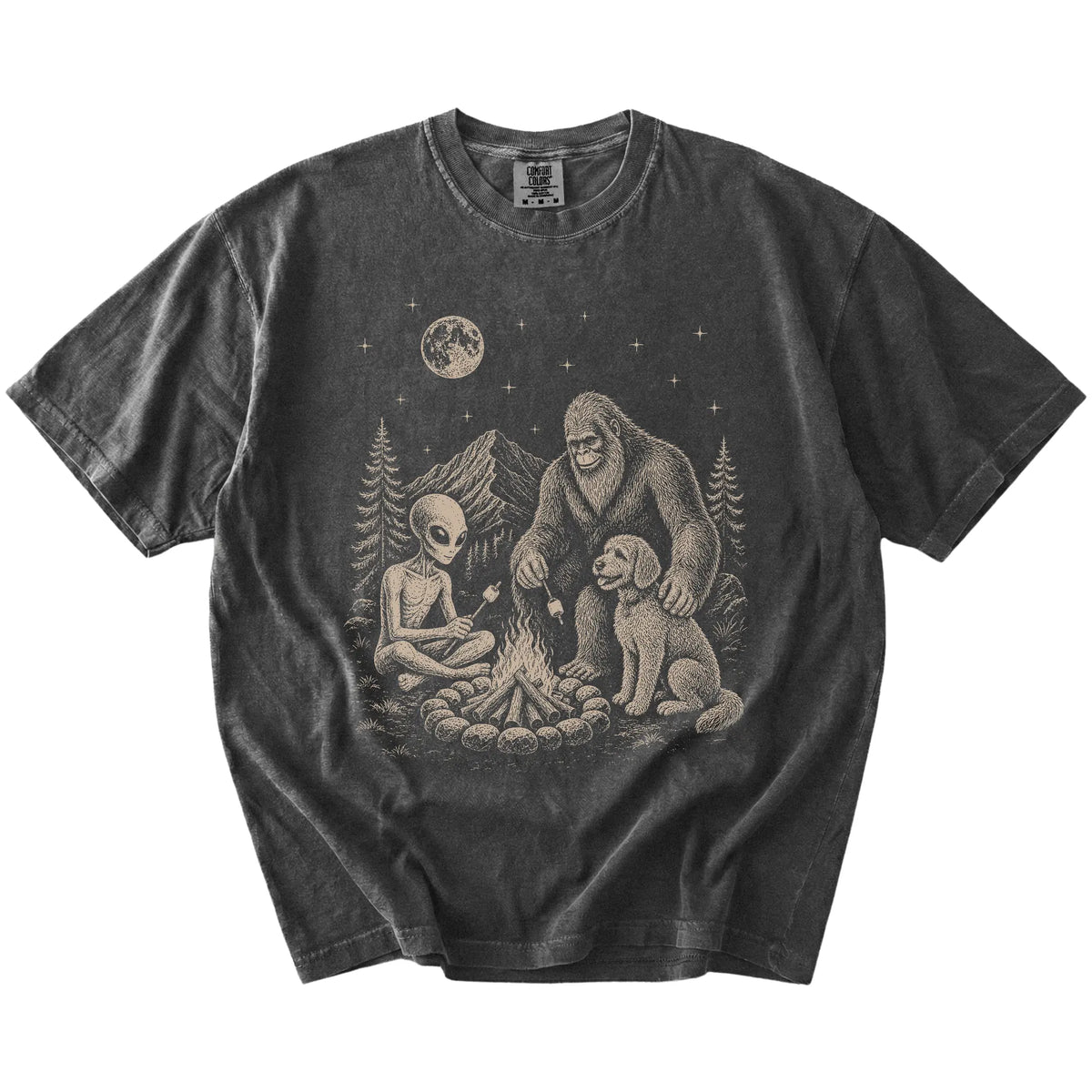 Labradoodle camping with Bigfoot and an alien on a Pepper Comfort Colors® T-shirt