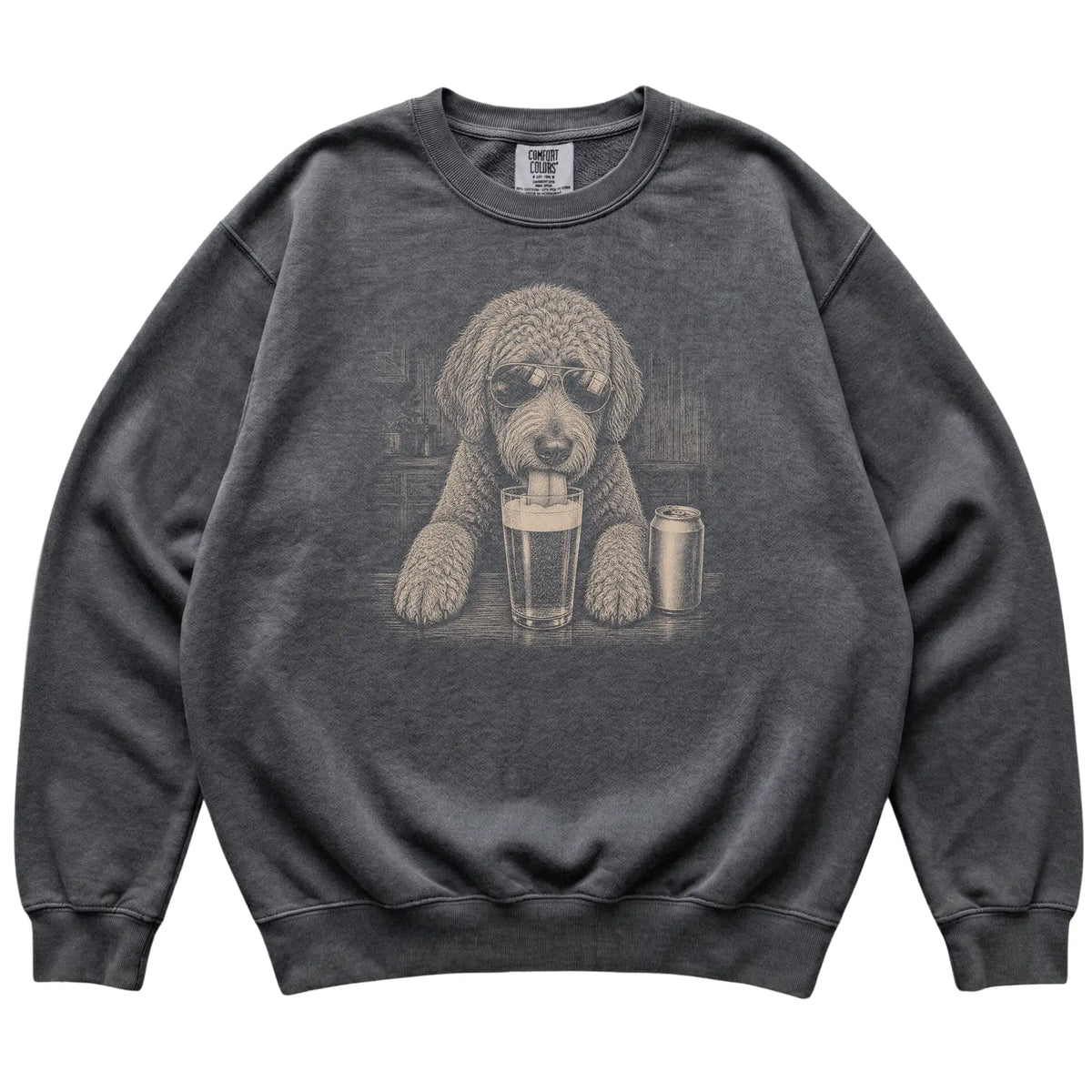 Pepper Labradoodle drinking from a pint at a bar, laid flat