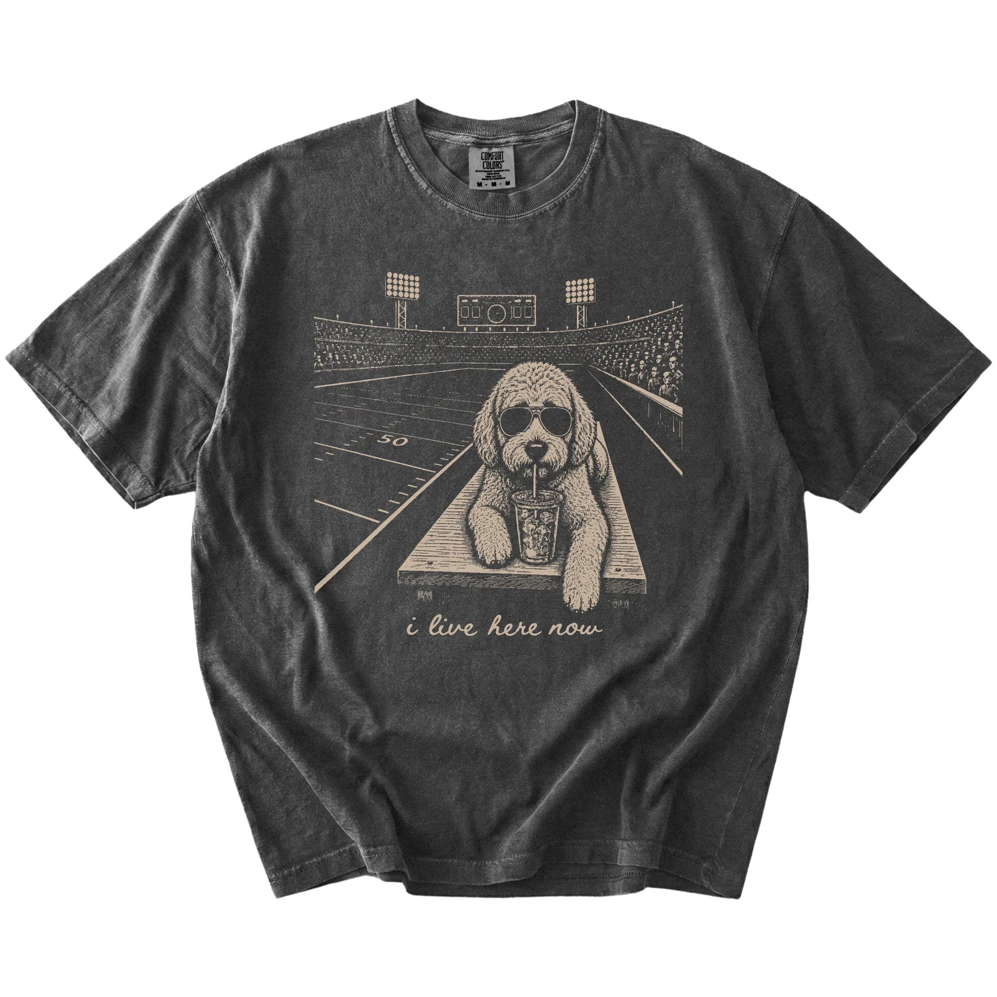 Labradoodle ready for football and tailgate season on a Pepper Comfort Colors® T-shirt