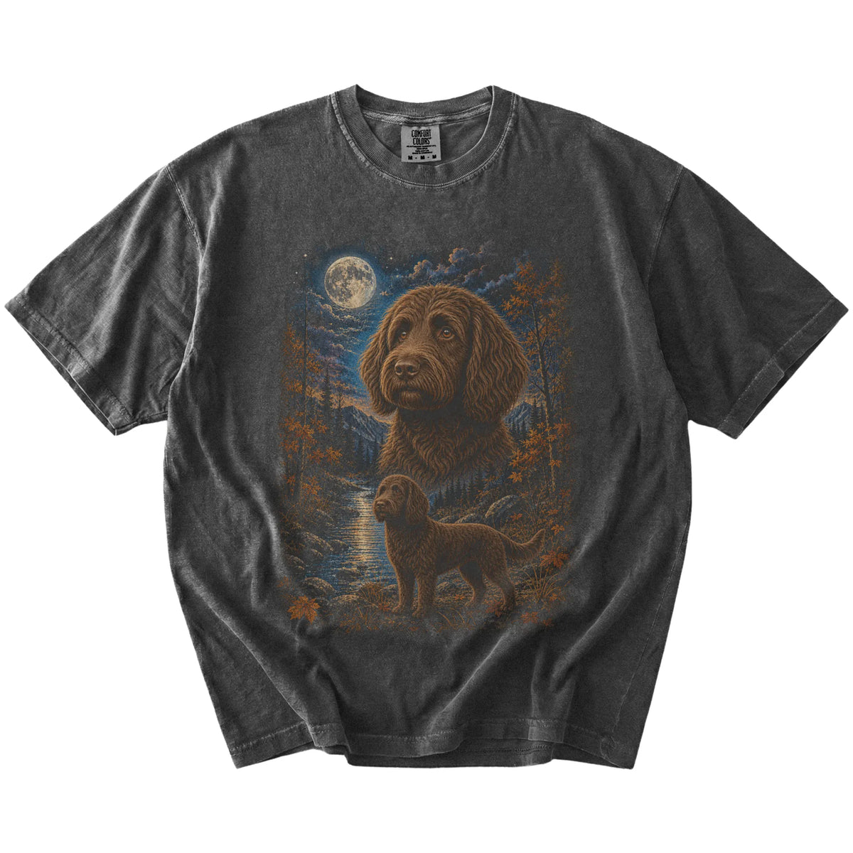 Labradoodle in a moonlit fall forest scene on a Pepper Comfort Colors® t-shirt