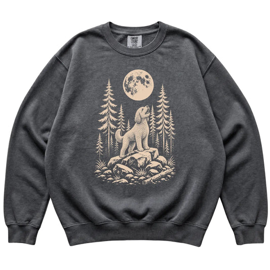 Close view of Labradoodle Howling at the Moon artwork on Pepper Comfort Colors sweatshirt