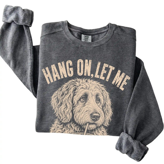 Pepper Comfort Colors sweatshirt featuring Labradoodle Iced Coffee Overthink, folded presentation