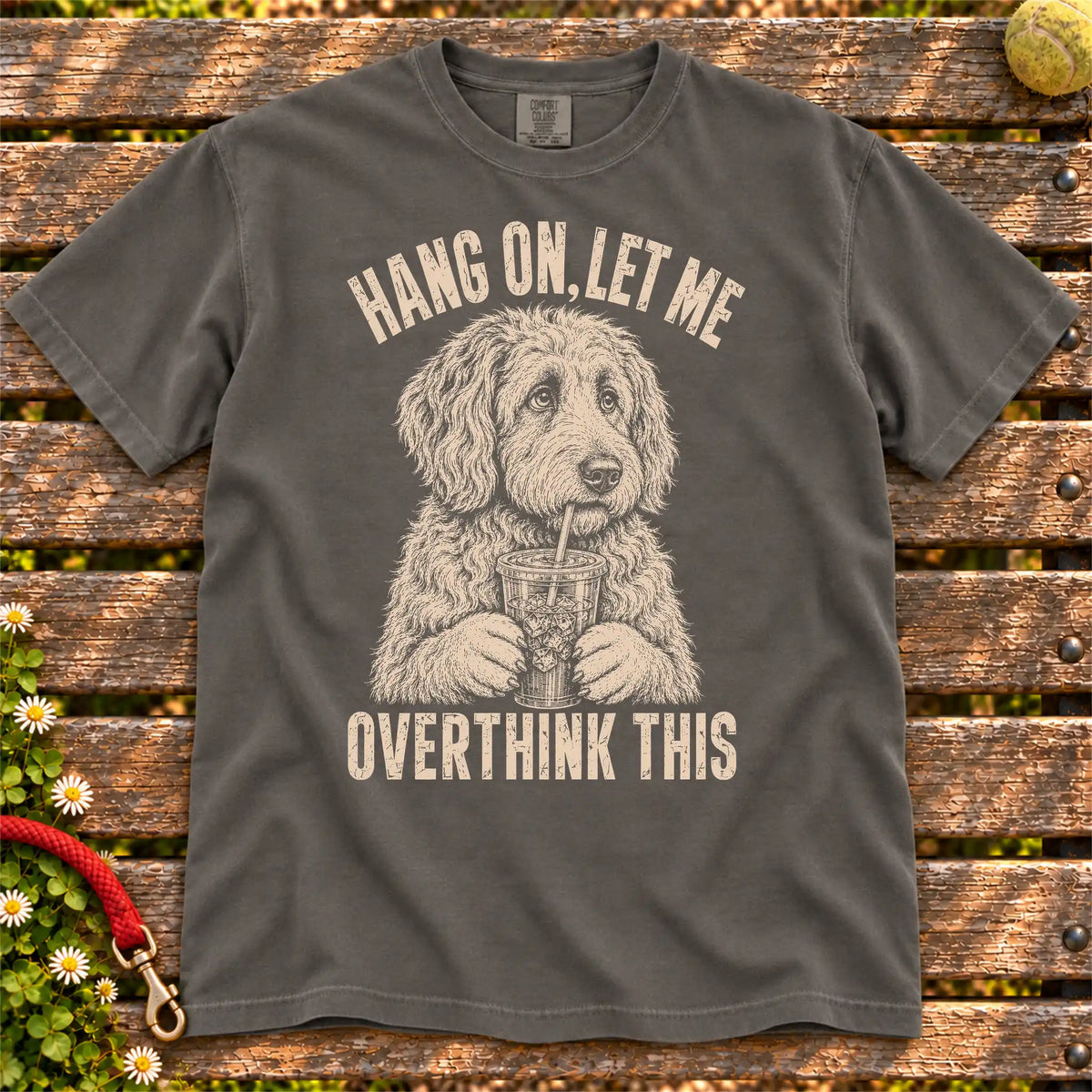 Overthinking Labradoodle design on a Pepper Comfort Colors T-shirt, shown flat