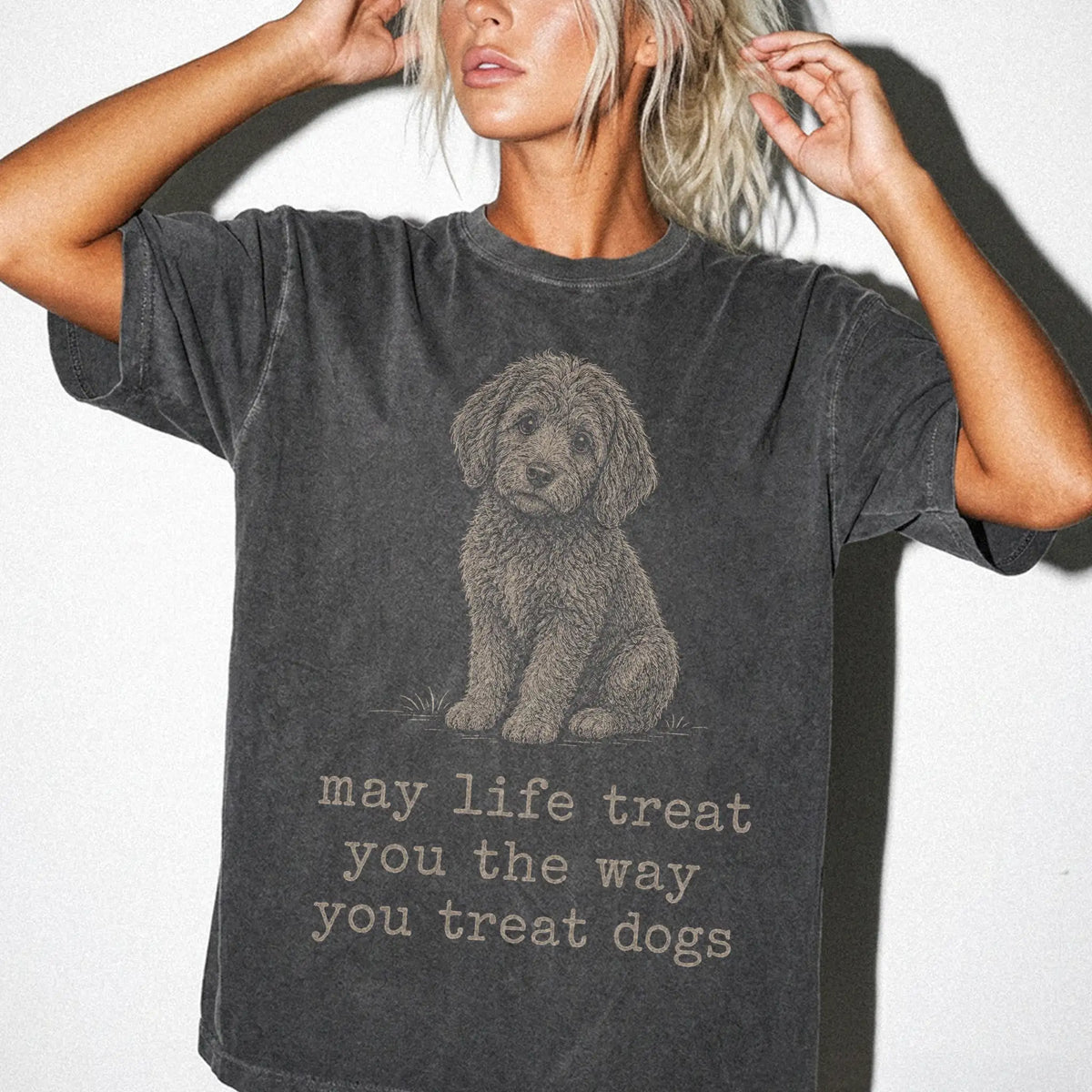Woman wearing a Pepper Labradoodle Karma T-Shirt