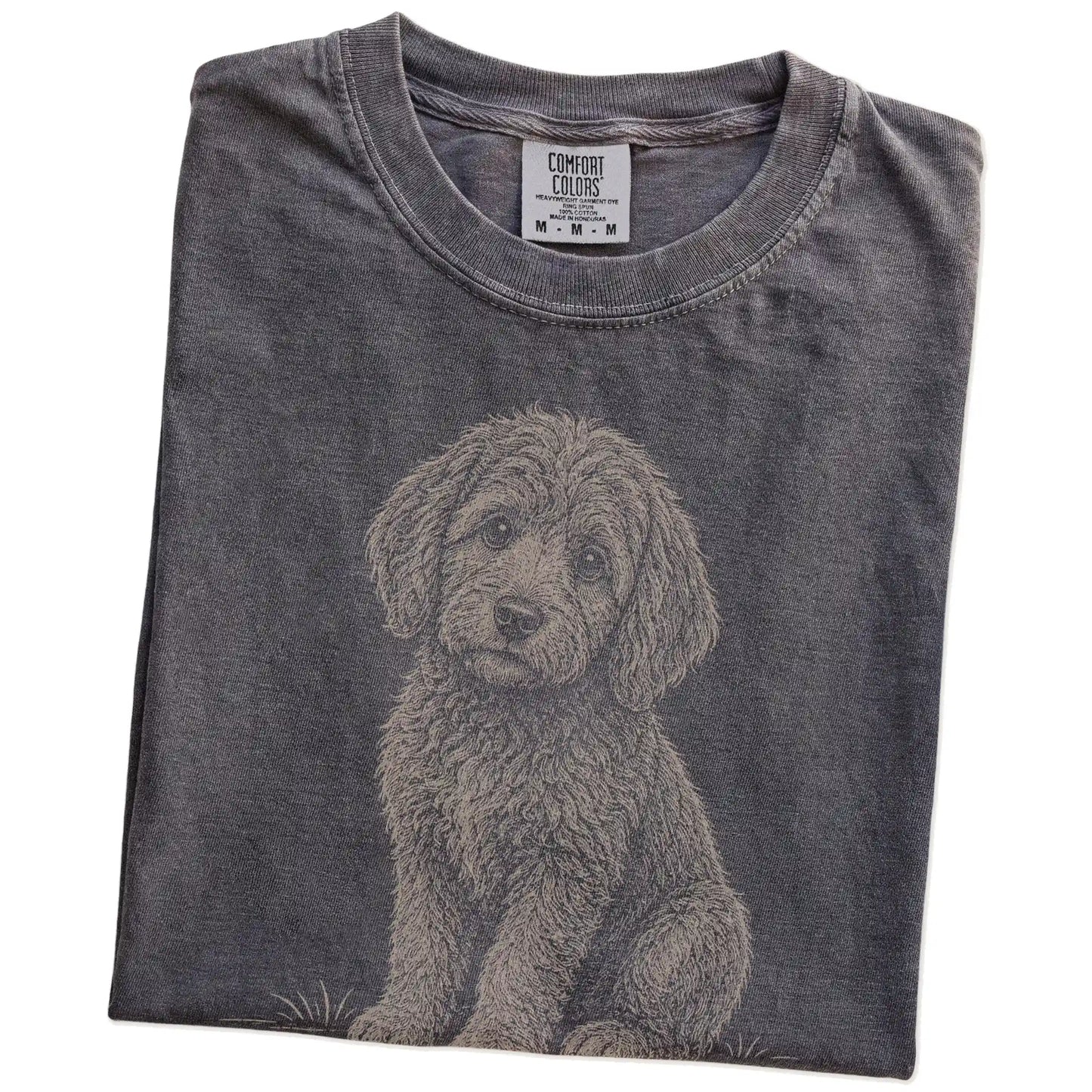 Folded Pepper Labradoodle Karma T-Shirt showing the graphic
