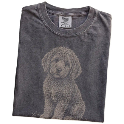 Folded Pepper Labradoodle Karma T-Shirt showing the graphic