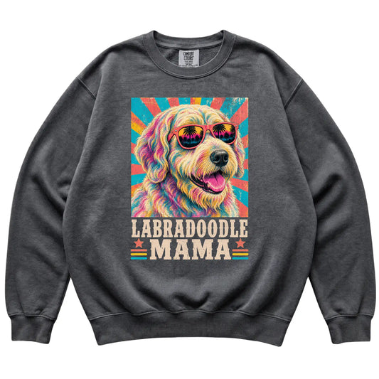 Retro Labradoodle Mama design on a Pepper Comfort Colors sweatshirt