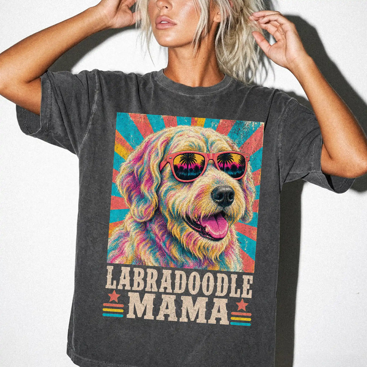 Retro Labradoodle Mama design on a Pepper Comfort Colors T-shirt worn by a model