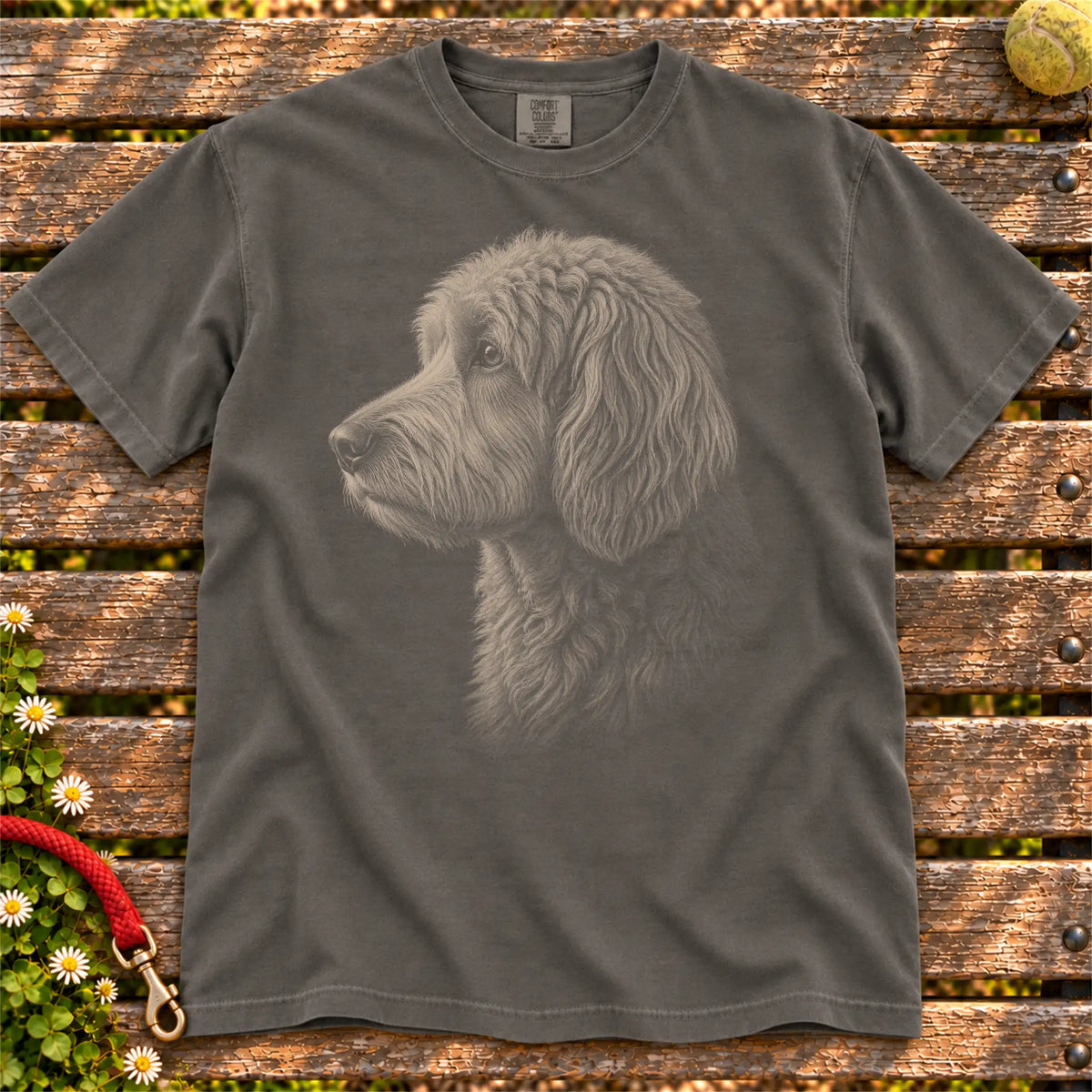 Labradoodle Photo design on a Pepper Comfort Colors T-shirt, shown flat
