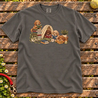 Labradoodle puppies reading books in a cozy blanket fort on a Pepper T-shirt