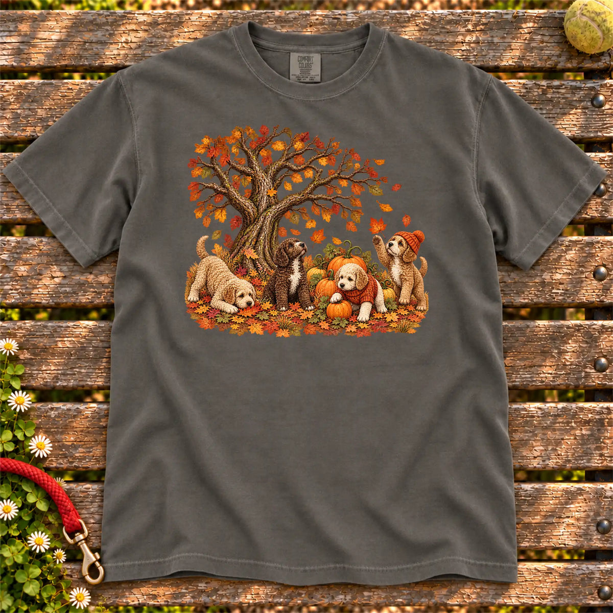 Four Labradoodle puppies with pumpkins beneath an autumn tree on a Pepper garment-dyed T-shirt