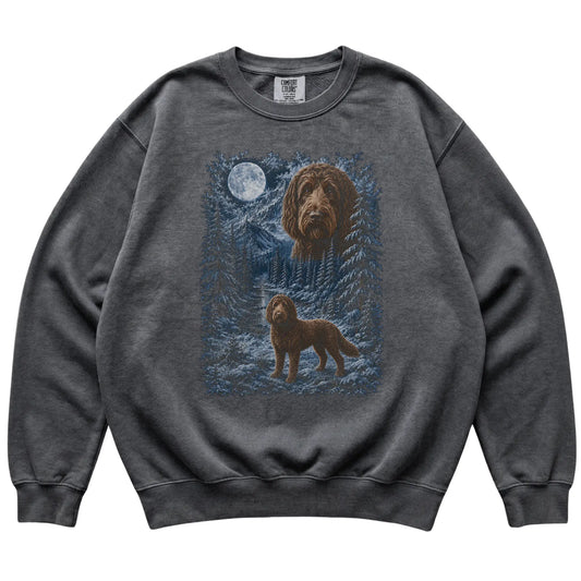 pepper sweatshirt with Labradoodle Winter Moon artwork.