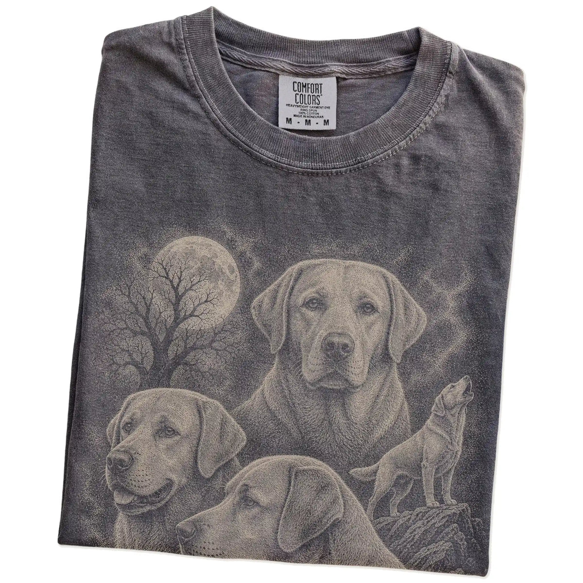 Folded Pepper Comfort Colors® T-shirt showing a vintage moon montage featuring Labrador Retriever