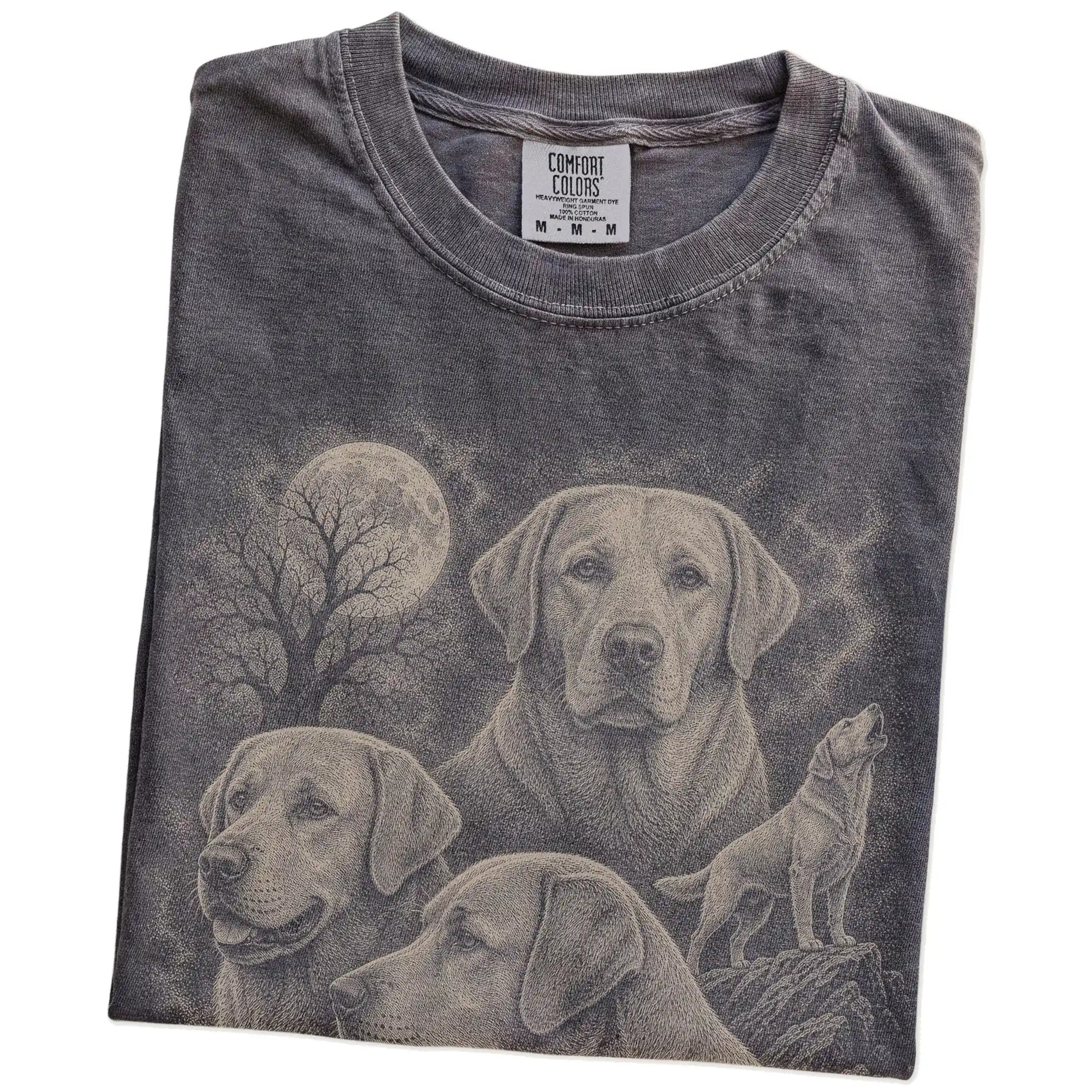 Folded Pepper Comfort Colors® T-shirt showing a vintage moon montage featuring Labrador Retriever