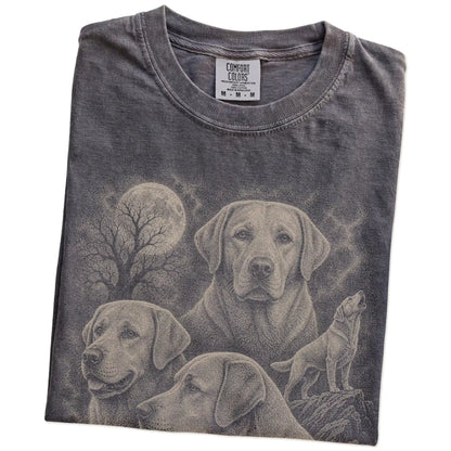 Folded Pepper Comfort Colors® T-shirt showing a vintage moon montage featuring Labrador Retriever