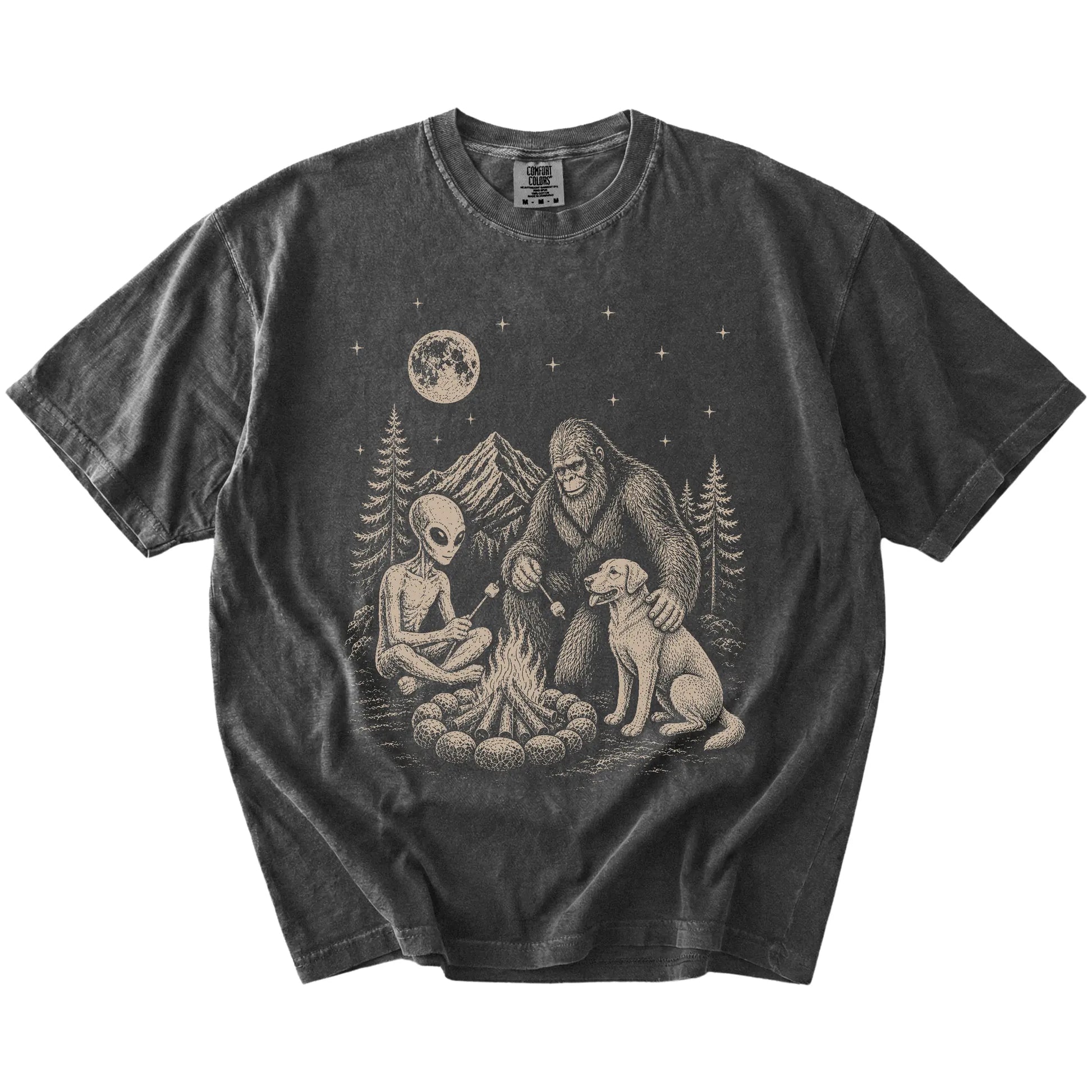 Labrador Retriever camping with Bigfoot and an alien on a Pepper Comfort Colors® T-shirt