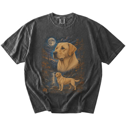 Labrador Retriever in a moonlit fall forest scene on a Pepper Comfort Colors® t-shirt