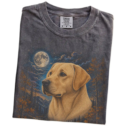 Folded Pepper Comfort Colors® t-shirt showing Labrador Retriever in a fall forest graphic
