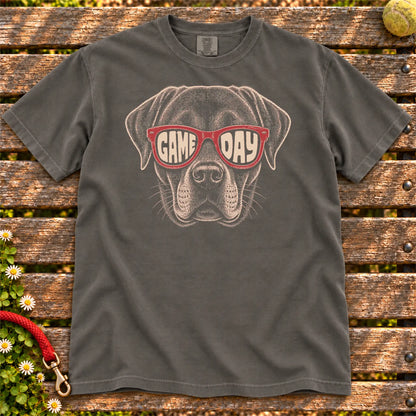 Labrador Retriever Game Day design on a Pepper Comfort Colors T-shirt, shown flat