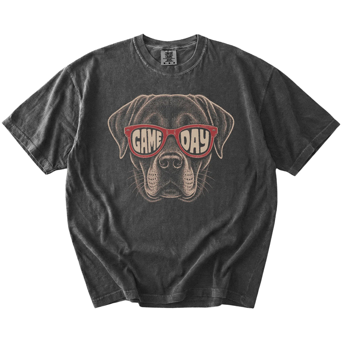 Labrador Retriever wearing red Game Day sunglasses on a Pepper Comfort Colors® T-shirt