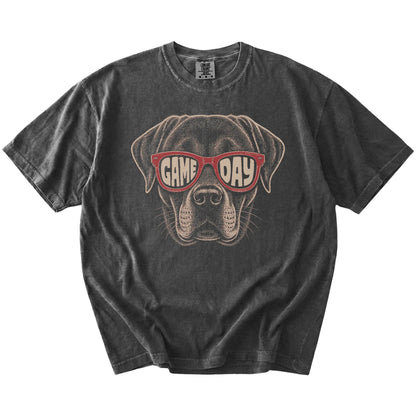 Labrador Retriever wearing red Game Day sunglasses on a Pepper Comfort Colors® T-shirt