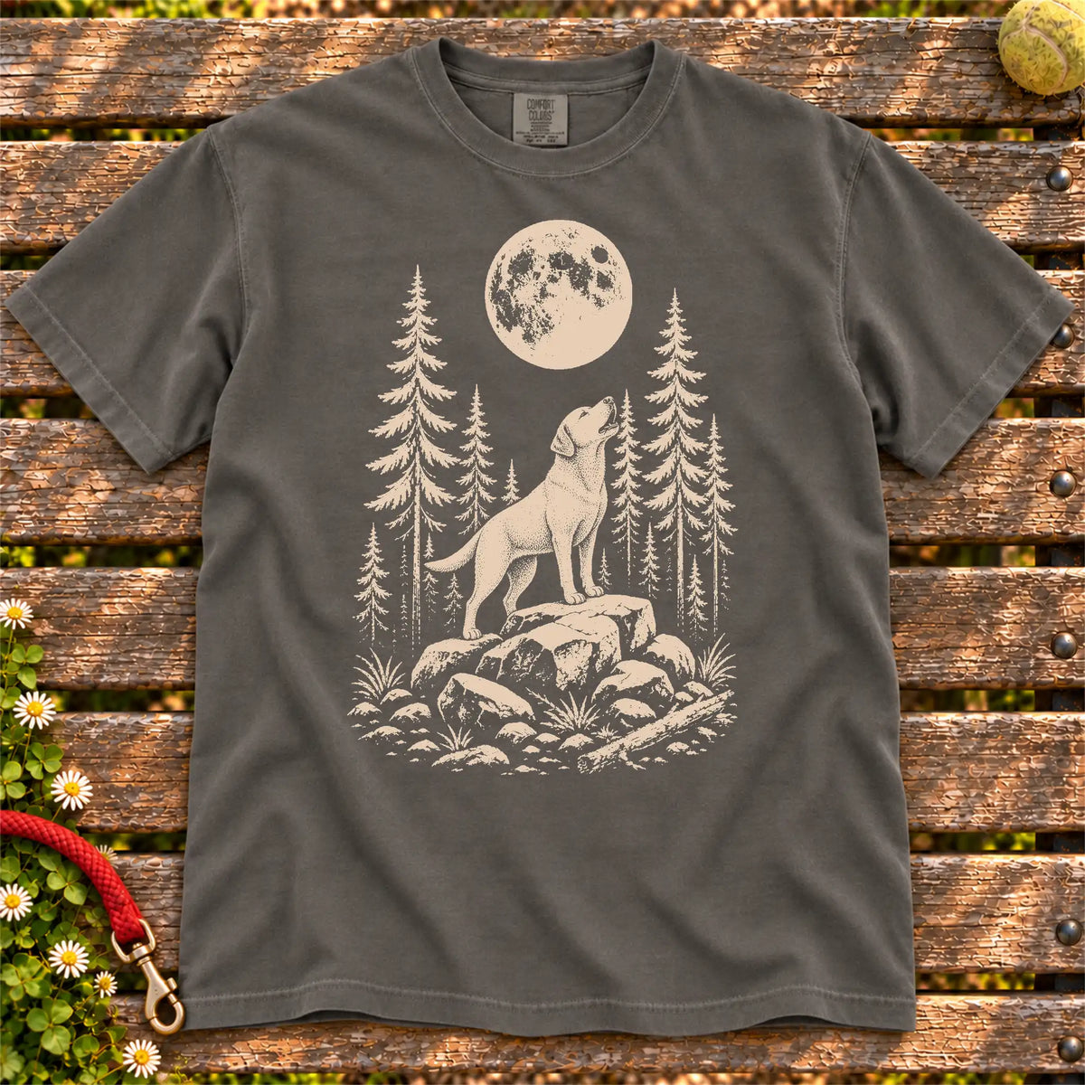 Labrador Retriever Howling at Moon design on a Pepper T-shirt shown flat