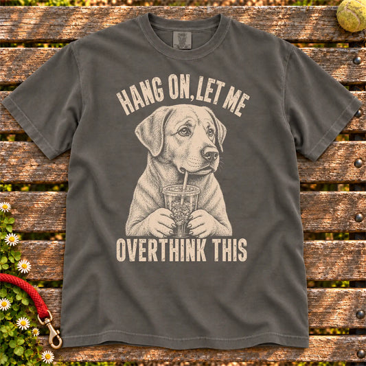 Overthinking Labrador Retriever design on a Pepper Comfort Colors T-shirt, shown flat