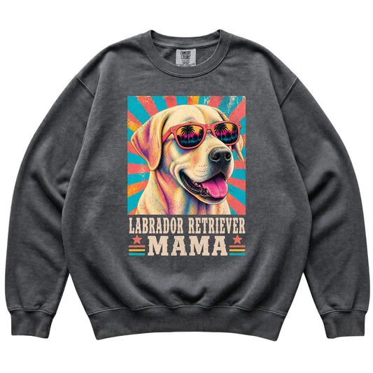 Retro Labrador Retriever Mama design on a Pepper Comfort Colors sweatshirt
