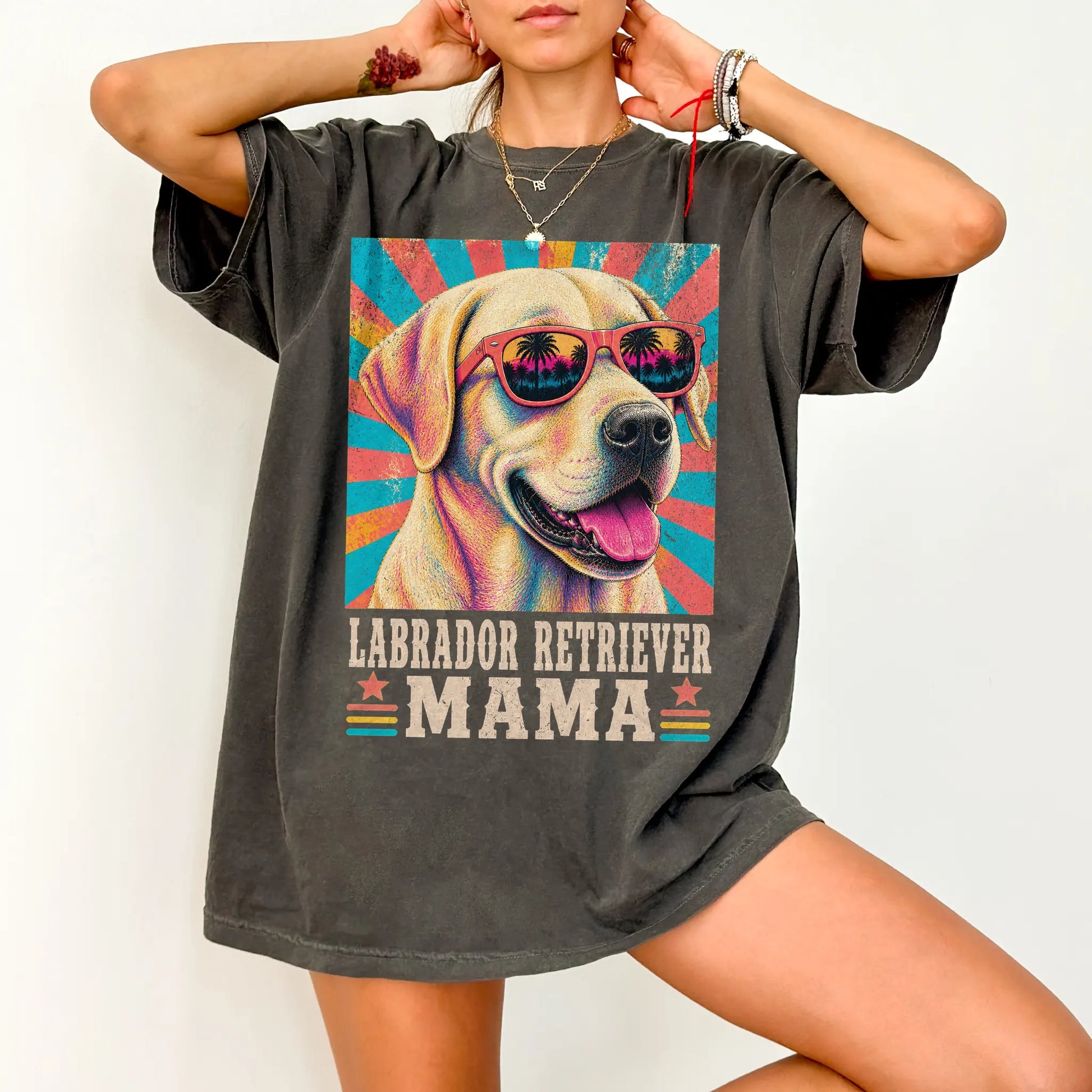 Retro Labrador Retriever Mama design on a Pepper Comfort Colors T-shirt worn by a model