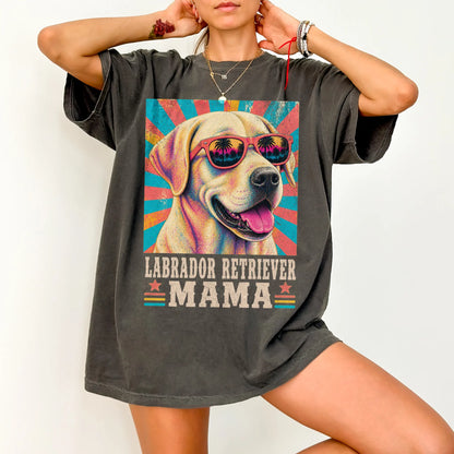 Retro Labrador Retriever Mama design on a Pepper Comfort Colors T-shirt worn by a model