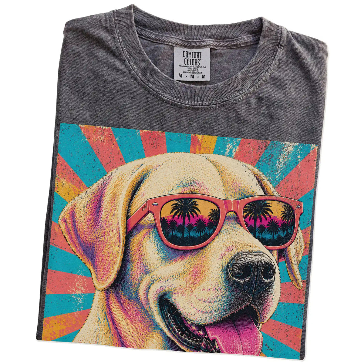 Retro Labrador Retriever Mama design on a Pepper Comfort Colors T-shirt folded detail