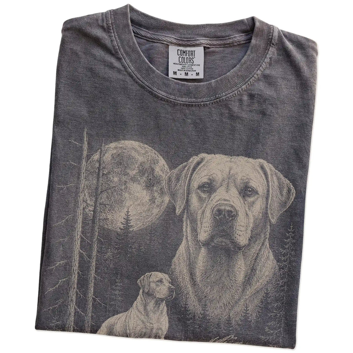 Folded Pepper Labrador Retriever Moonlit Forest T-Shirt showing the graphic