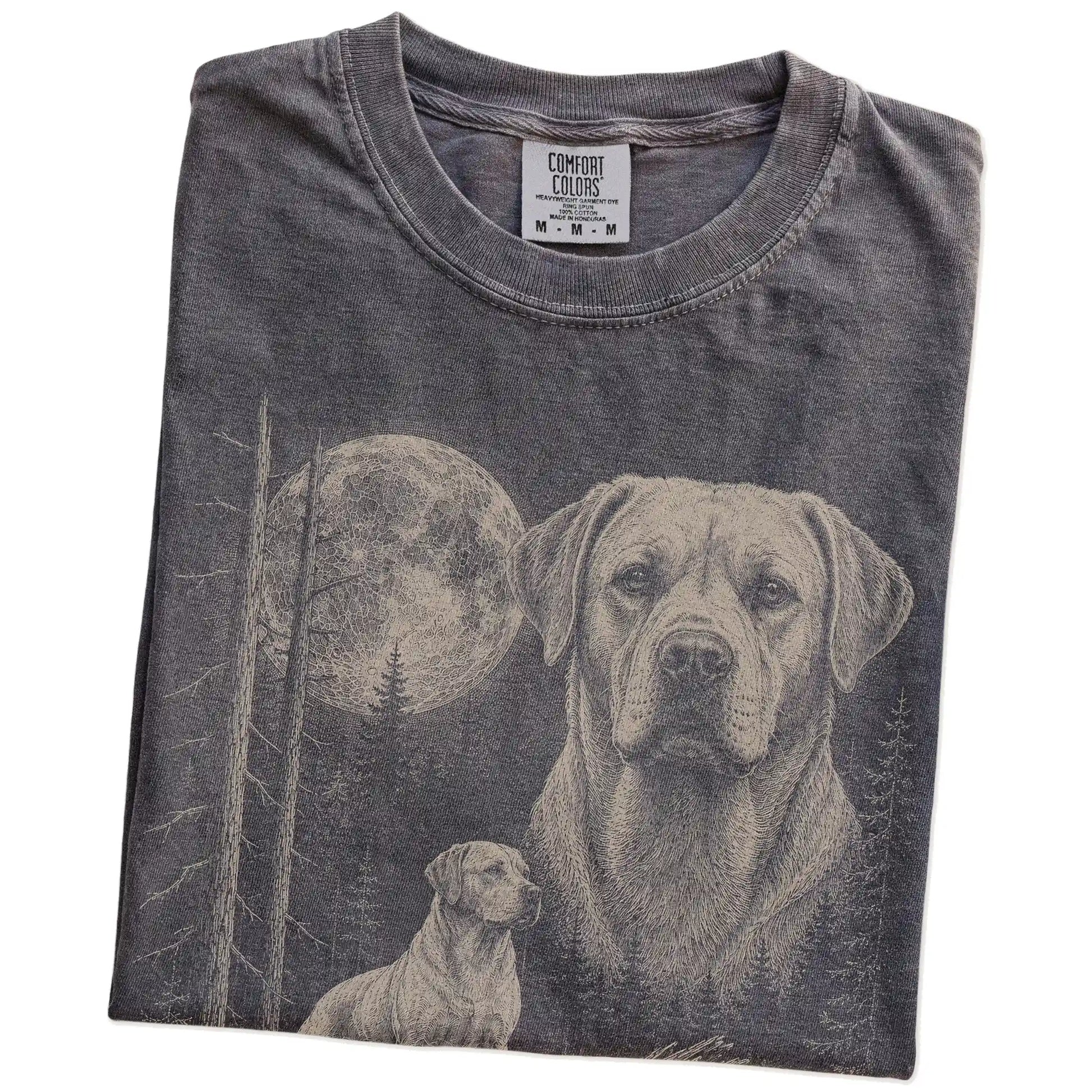 Folded Pepper Labrador Retriever Moonlit Forest T-Shirt showing the graphic