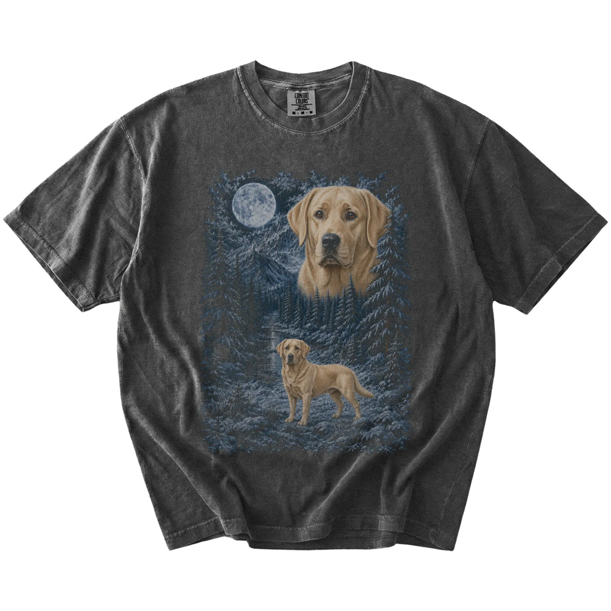pepper T-shirt with Labrador Retriever Winter Moon artwork.