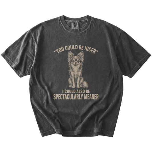 Long-Haired Chihuahua Guard Dog T-Shirt in Pepper — flat lay