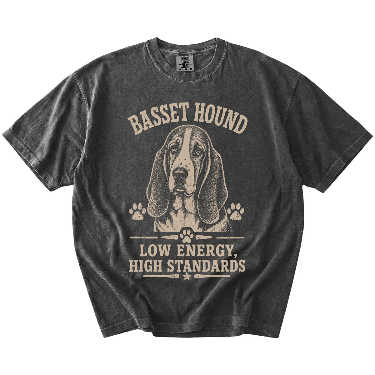 Basset Hound design with “Low Energy, High Standards” lettering on a Pepper Comfort Colors® T-shirt