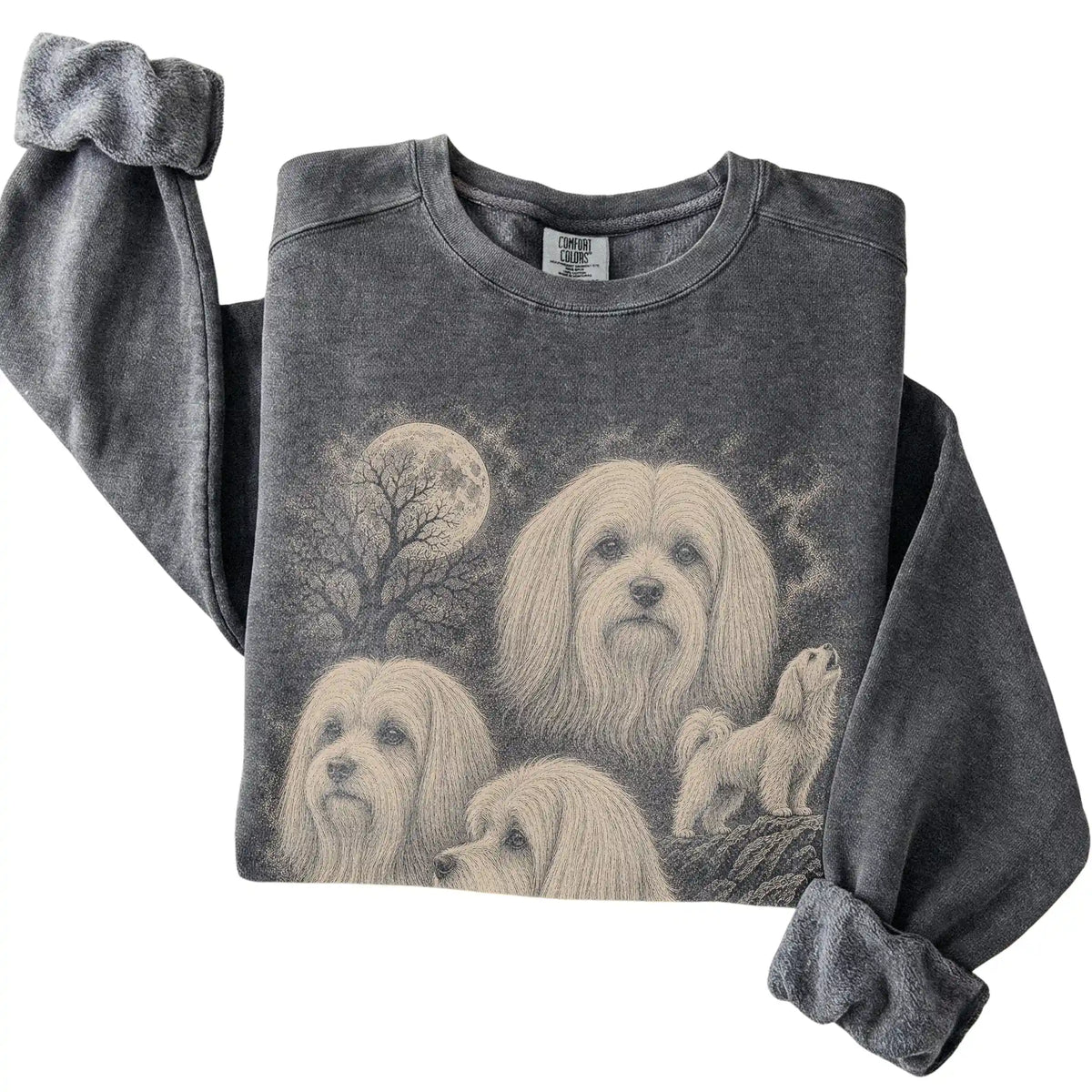 Pepper Comfort Colors sweatshirt featuring a Maltese 1990s moon design