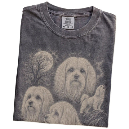Folded Pepper Comfort Colors® T-shirt showing a vintage moon montage featuring Maltese