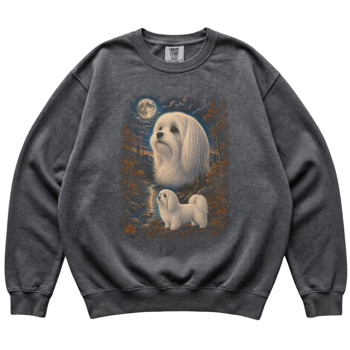 pepper sweatshirt with Maltese Autumn Moon artwork.