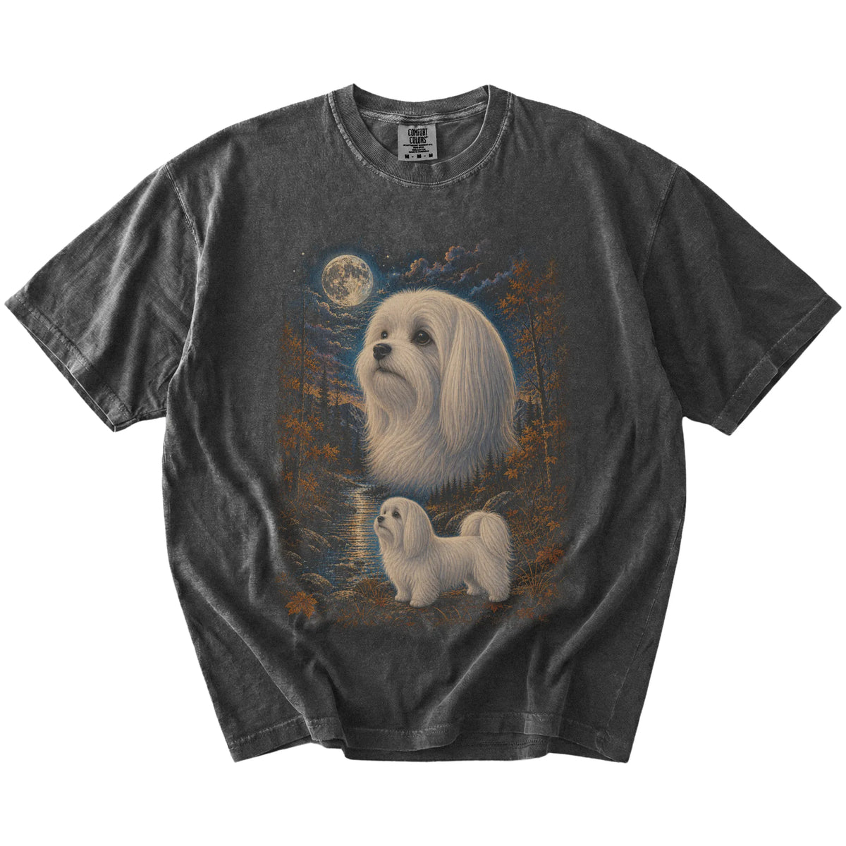 Maltese in a moonlit fall forest scene on a Pepper Comfort Colors® t-shirt