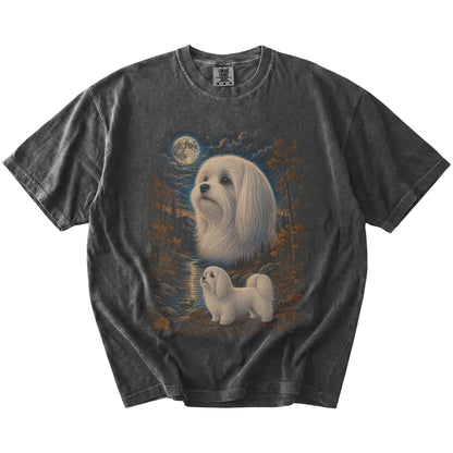 Maltese in a moonlit fall forest scene on a Pepper Comfort Colors® t-shirt