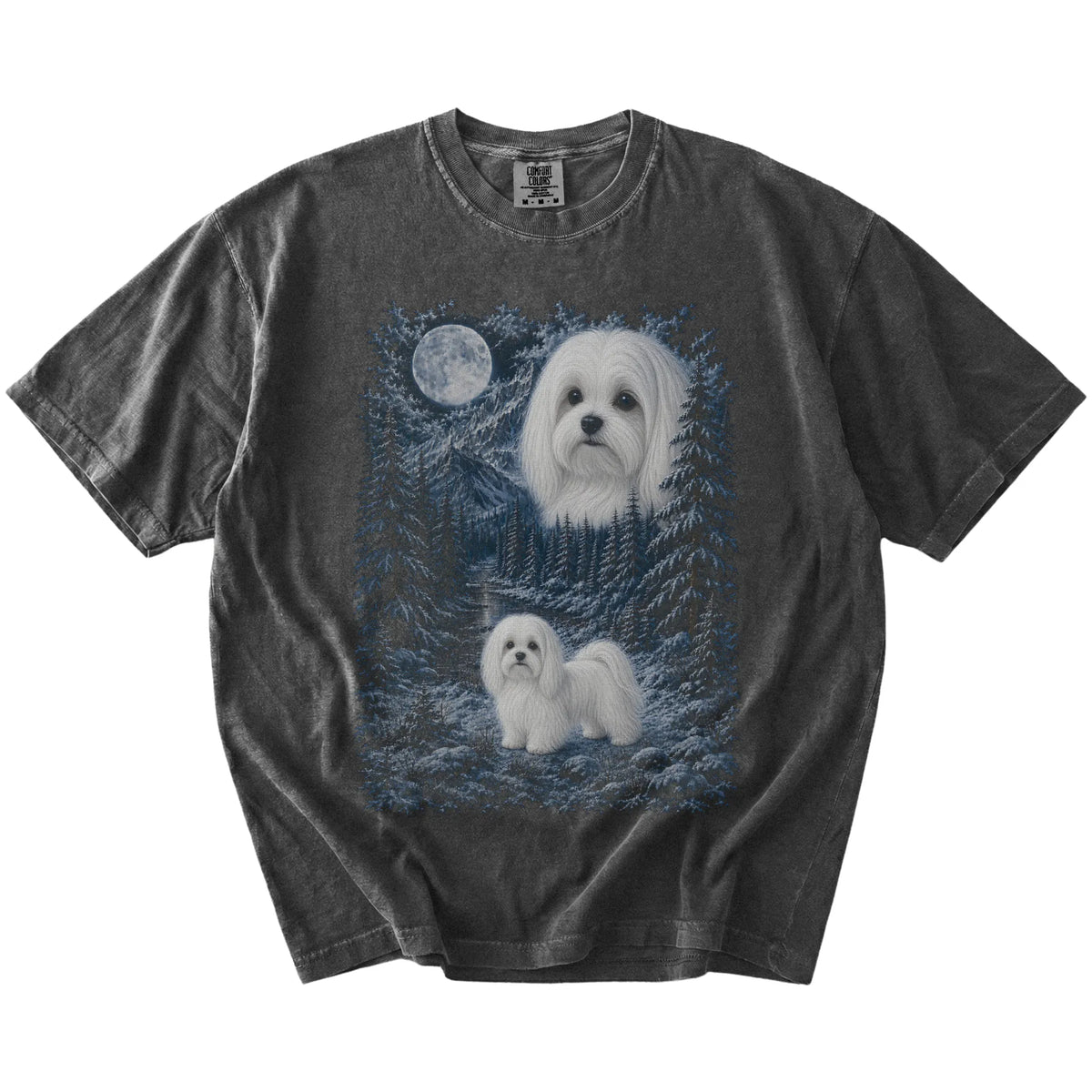 Maltese in a snowy winter forest on a Pepper t-shirt