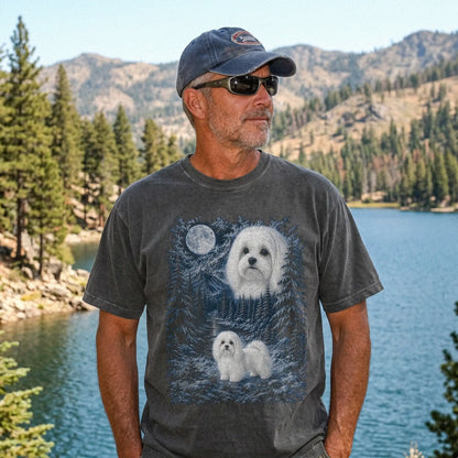 Person wearing a Pepper Maltese winter forest t-shirt