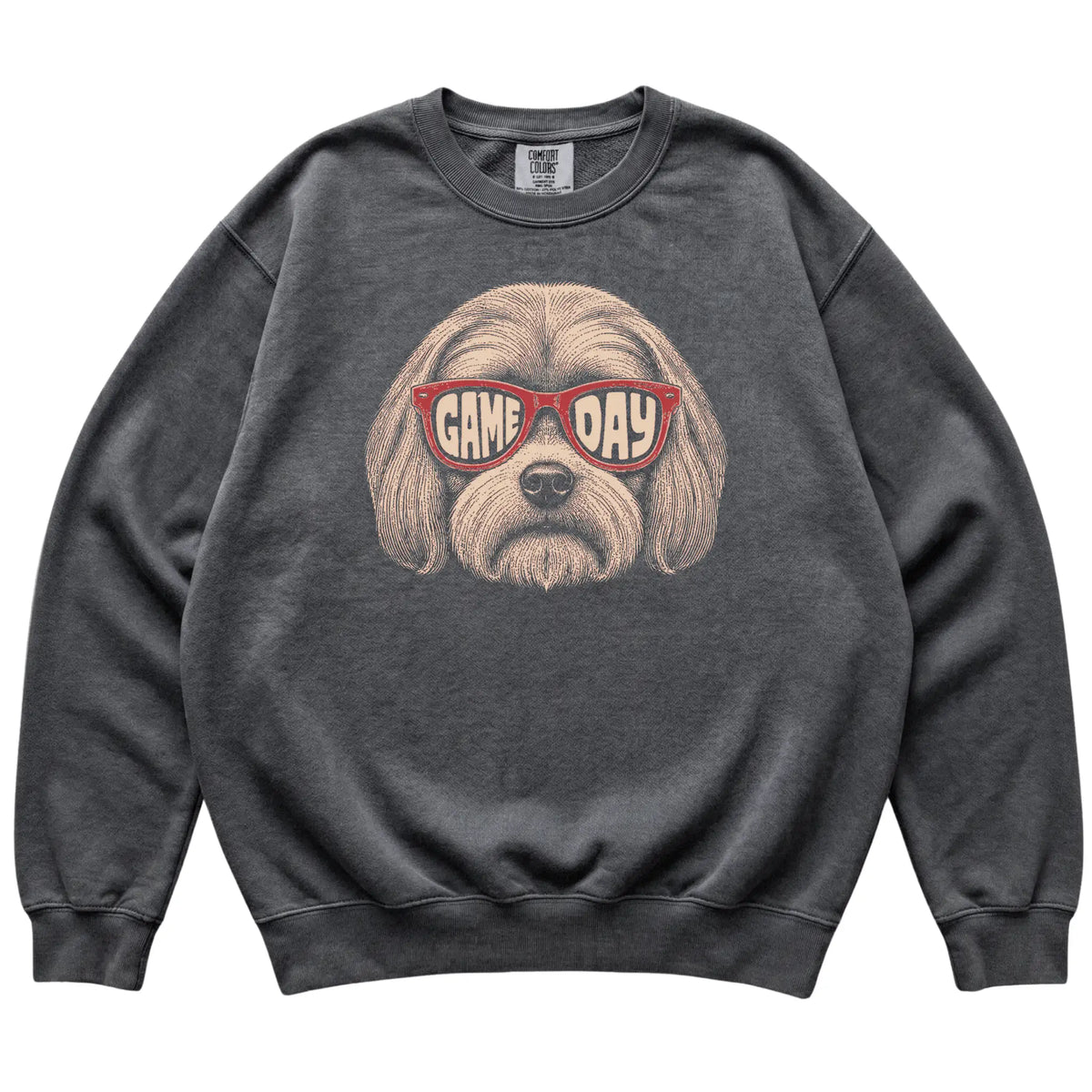 Pepper Maltese Game Day Sunglasses sweatshirt, laid flat