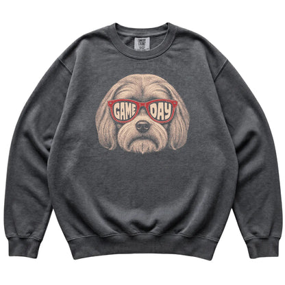 Pepper Maltese Game Day Sunglasses sweatshirt, laid flat